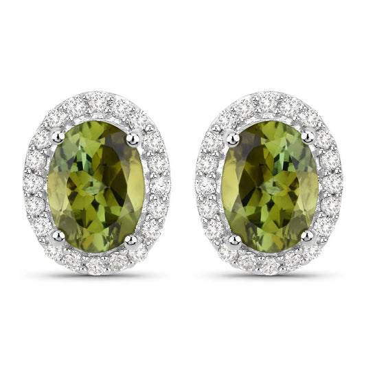 1.92 Carat Genuine Green Tourmaline and White Diamond 14K White Gold Earrings - GOLDISSEYA