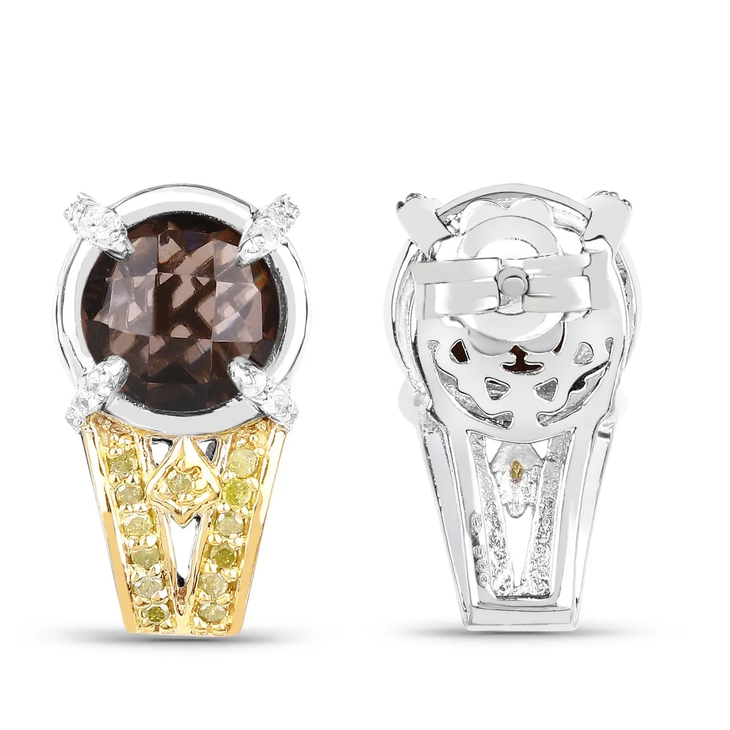3.75 Carat Genuine Smoky Quartz, Yellow Diamond and White Diamond .925 Sterling Silver Earrings - GOLDISSEYA