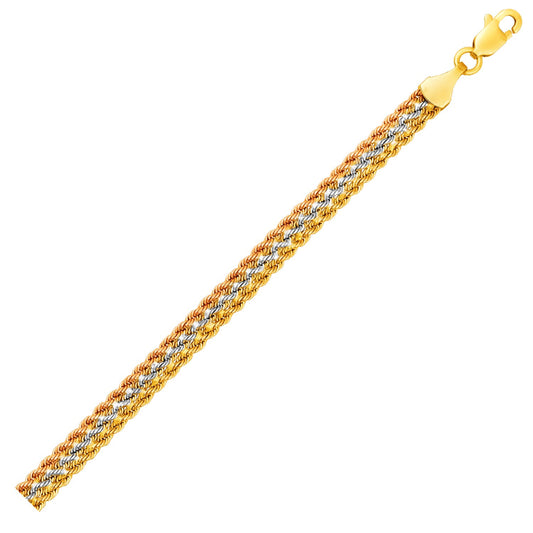 Tri-Toned Multi-Strand Rope Chain Bracelet in 10k Yellow, White, and Rose Gold (6.35 mm)