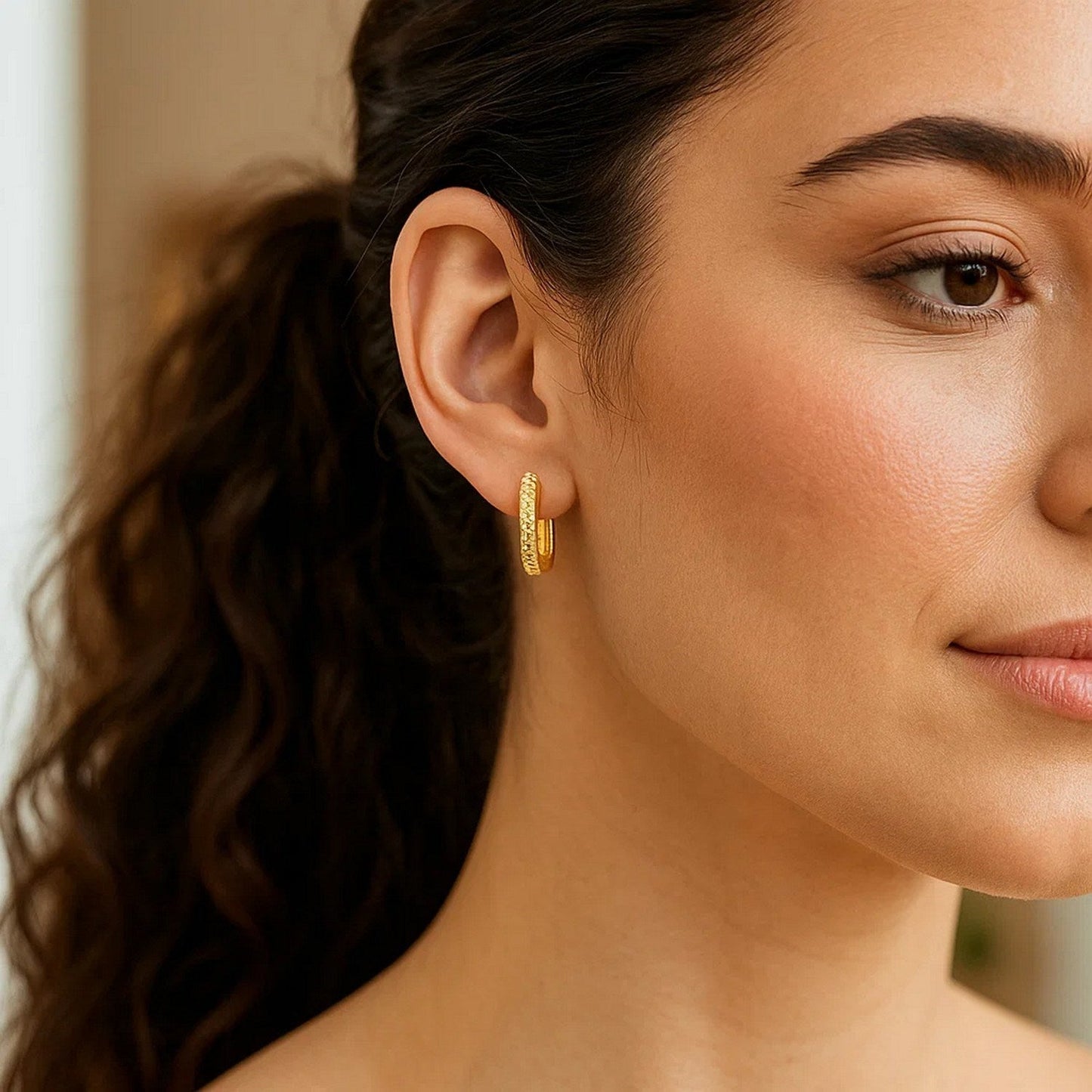 14K Yellow Gold Diamond Cut Fancy Huggie Earrings