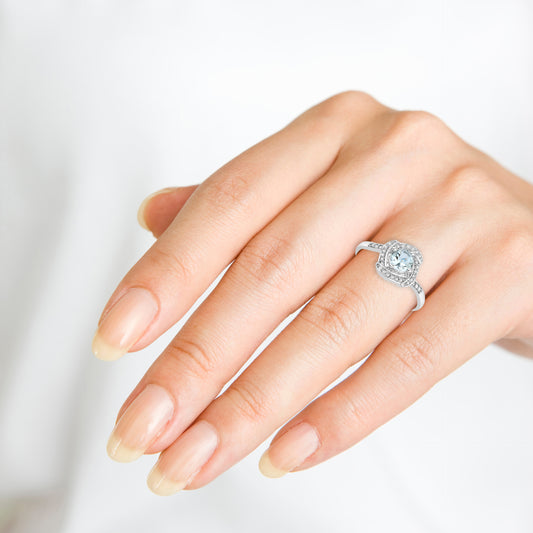 Halo Round Aquamarine and 30 White Diamonds Engagement Ring in 14K White Gold