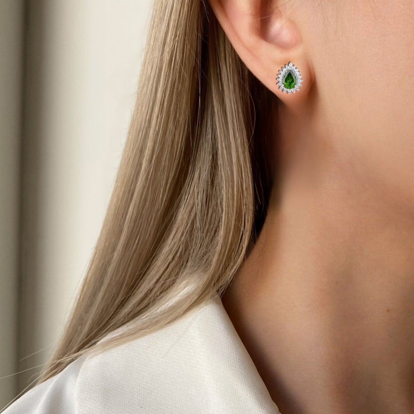 Pear Shaped Chrome Diopside and White Topaz Earrings in 18K White Gold Plated .925 Sterling Silver