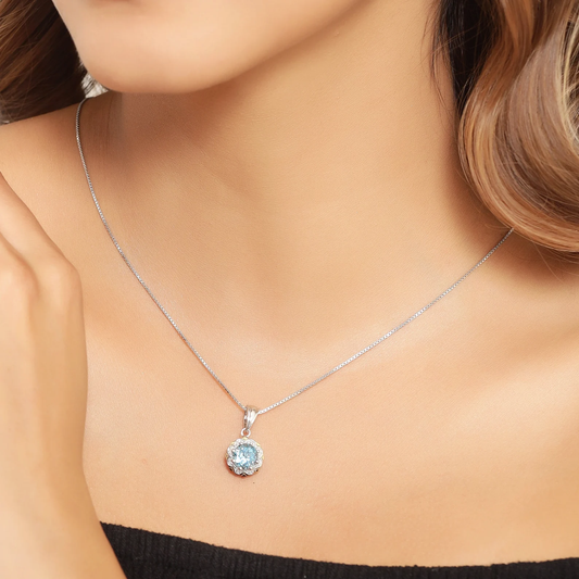 2.32 Carat Genuine Swiss Blue Topaz and White Diamond 14K Yellow Gold with .925 Sterling Silver Pendant