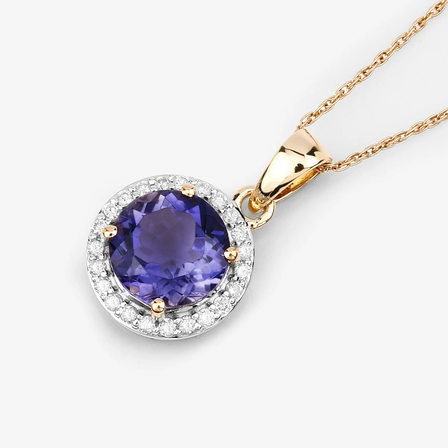 Iolite and 23 White Diamonds Halo Pendant in 14K Yellow Gold, Anniversary Gift For Her