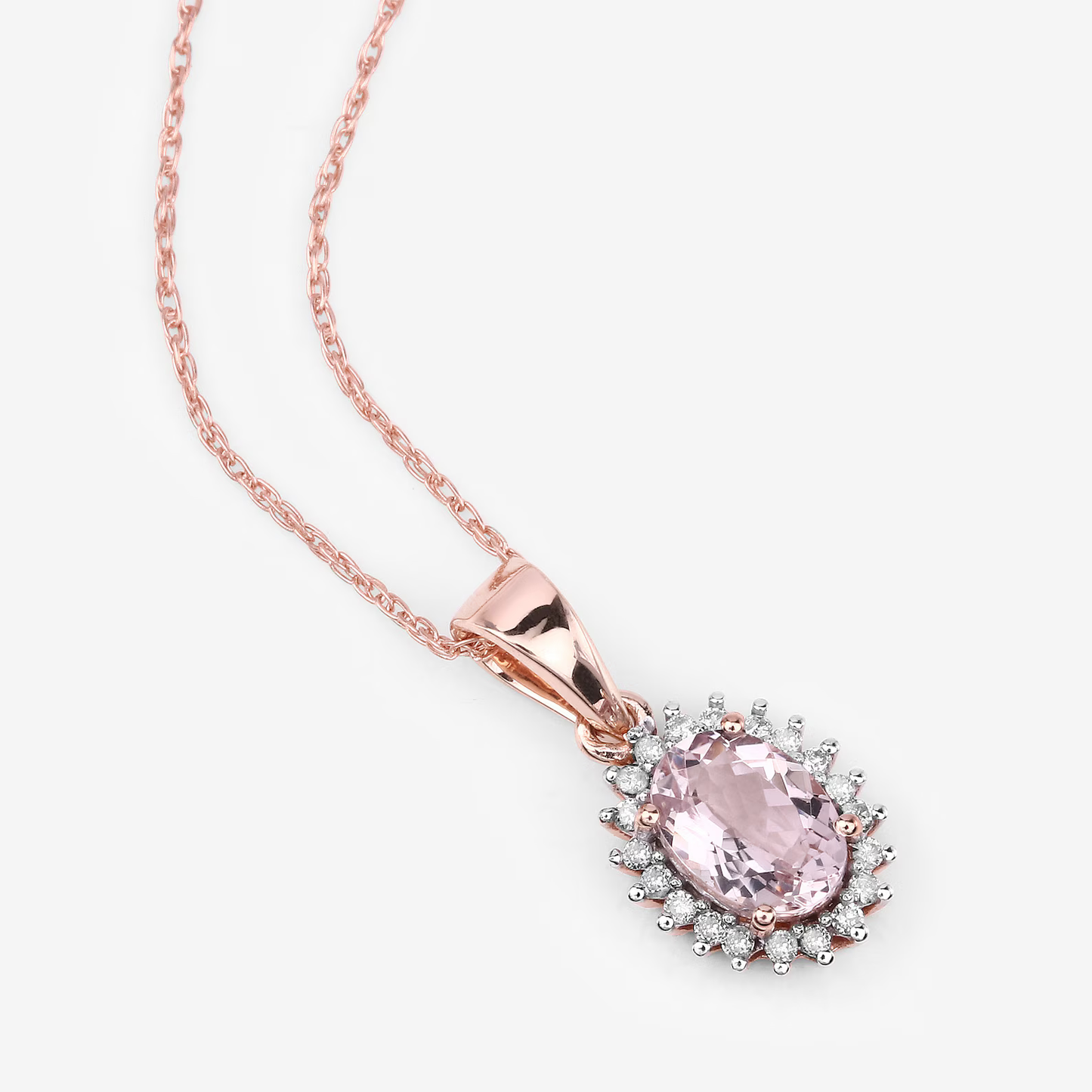 Morganite and 20 White Diamonds Halo Pendant in 14K Rose Gold, Gift For Her