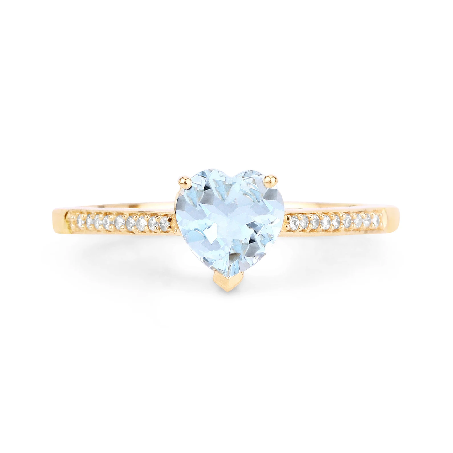Engagement Ring in 14K Yellow Gold with Heart Shape Aquamarine and 18 Round White Diamonds