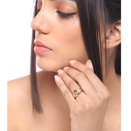 14K Yellow Gold Plated Cushion Citrine & White Topaz Men's Ring in .925 Sterling Silver