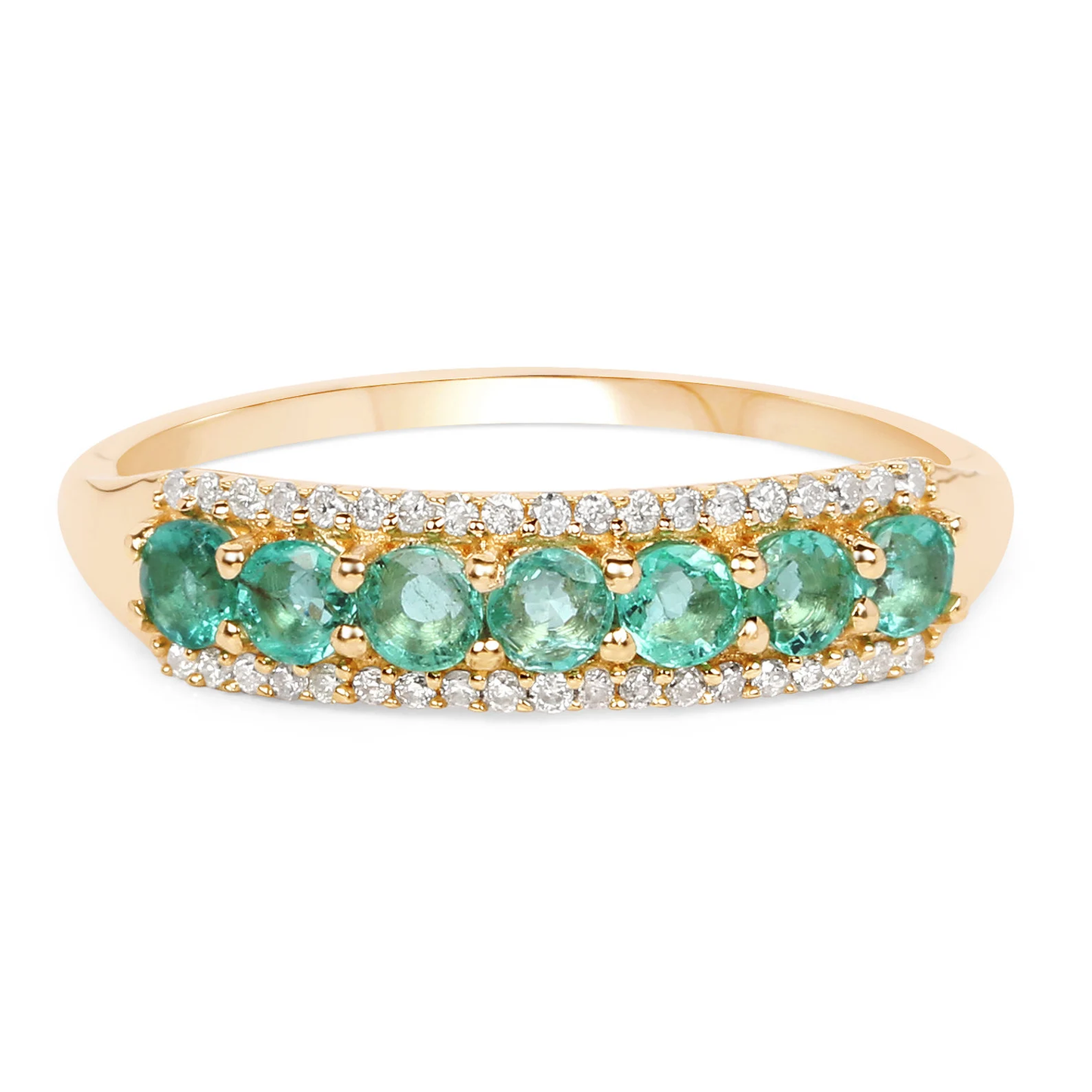 Zambian Emerald and 42 White Diamonds Half Eternity Ring in 14K Yellow Gold, Anniversary Gift for Wife