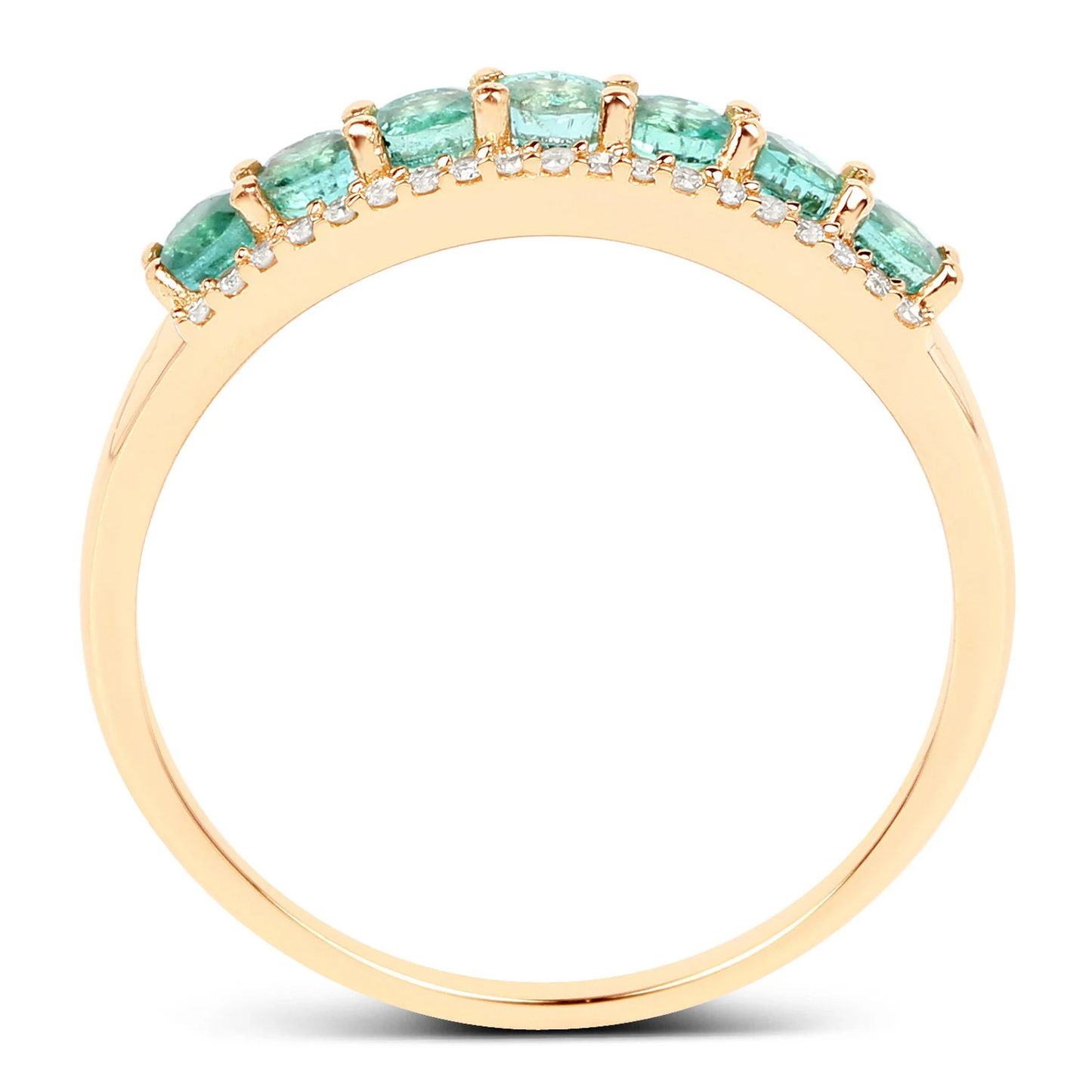 Zambian Emerald and 42 White Diamonds Half Eternity Ring in 14K Yellow Gold, Anniversary Gift for Wife