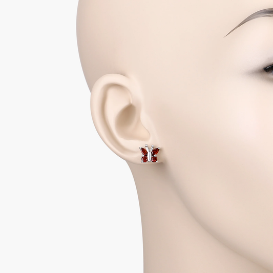8 Garnet Stones Butterfly Earrings in 18K White Gold Plated .925 Sterling Silver