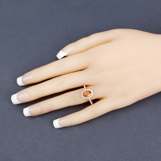 Spessartite Garnet and 36 White Diamonds Halo Engagement Ring in 14K Yellow Gold