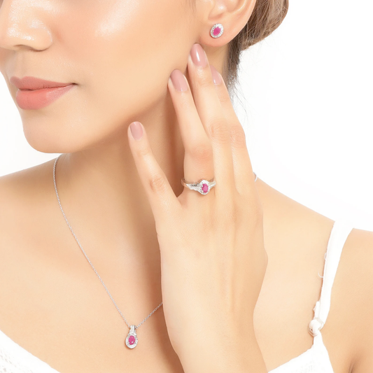 Oval Ruby and White Topaz 3 Piece Jewelry Set in .925 Sterling Silver (Ring, Earrings, and Pendant w/ Chain)
