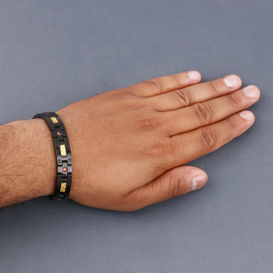 Black Mens Titanium Bracelet with Gold Plated Steel Inlay and Orange Sapphire