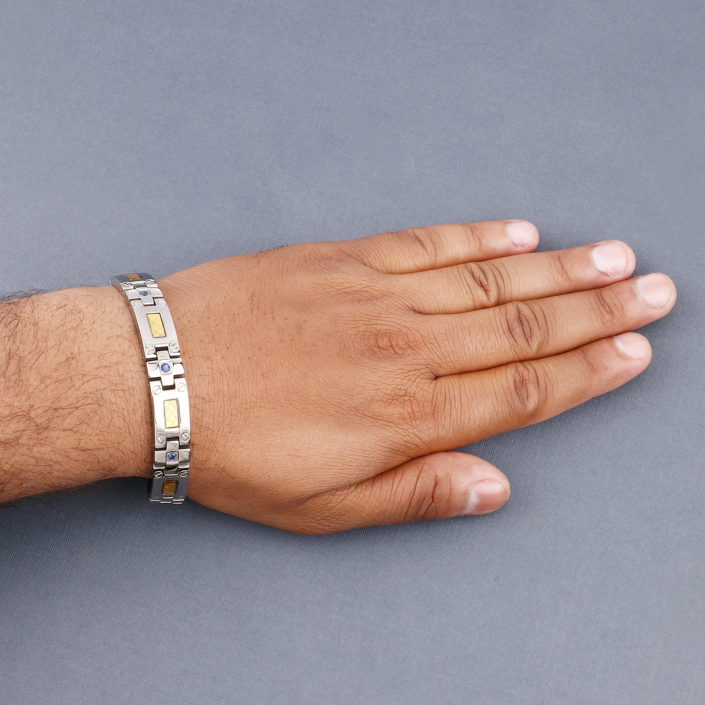 Mens Titanium Bracelet with Gold Plated Steel Inlay and Blue Sapphire