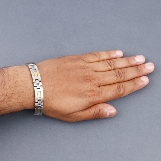 Mens Titanium Bracelet with Gold Plated Steel Inlay and Blue Sapphire