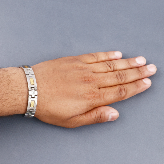 Mens Titanium Bracelet with Gold Plated Steel Inlay and Green Sapphire