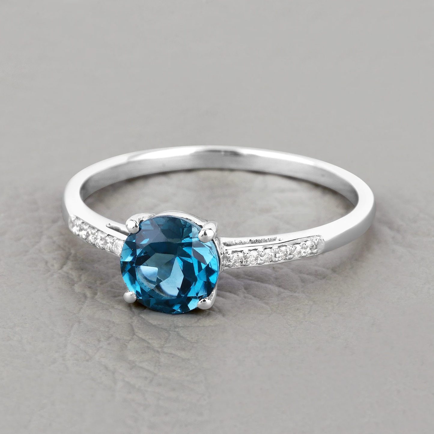 London Blue Topaz and 12 White Diamonds Engagement Ring in 14K White Gold