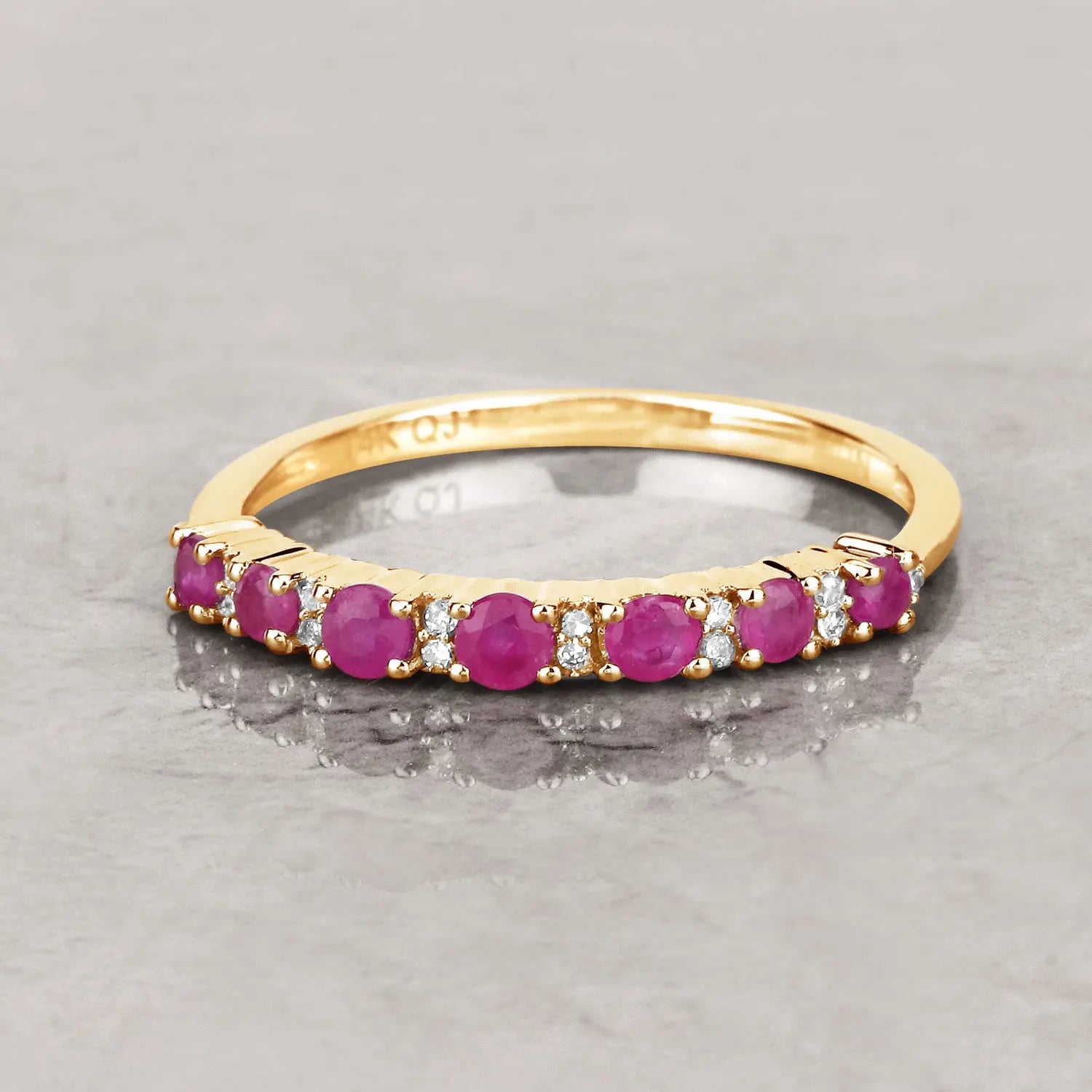 0.57 Carat Genuine Ruby and White Diamond 14K Yellow Gold Wedding Band Ring - GOLDISSEYA