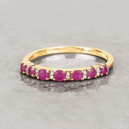 0.57 Carat Genuine Ruby and White Diamond 14K Yellow Gold Wedding Band Ring - GOLDISSEYA