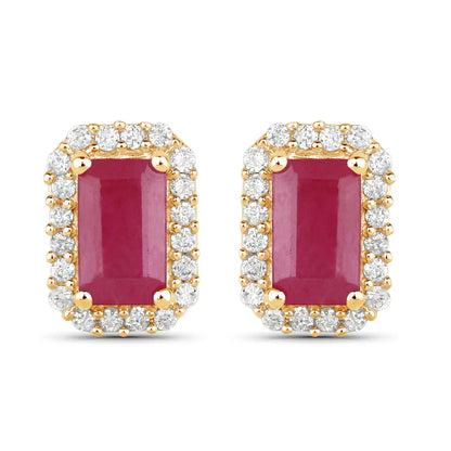 0.75 Carat Genuine Ruby and White Diamond 14K Yellow Gold Earrings - GOLDISSEYA