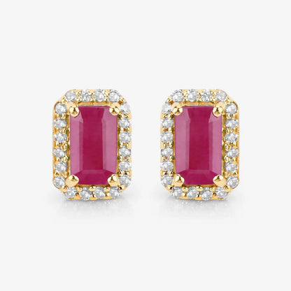 0.75 Carat Genuine Ruby and White Diamond 14K Yellow Gold Earrings - GOLDISSEYA