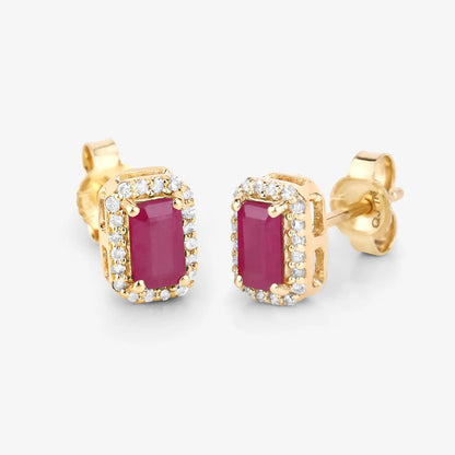 0.75 Carat Genuine Ruby and White Diamond 14K Yellow Gold Earrings - GOLDISSEYA
