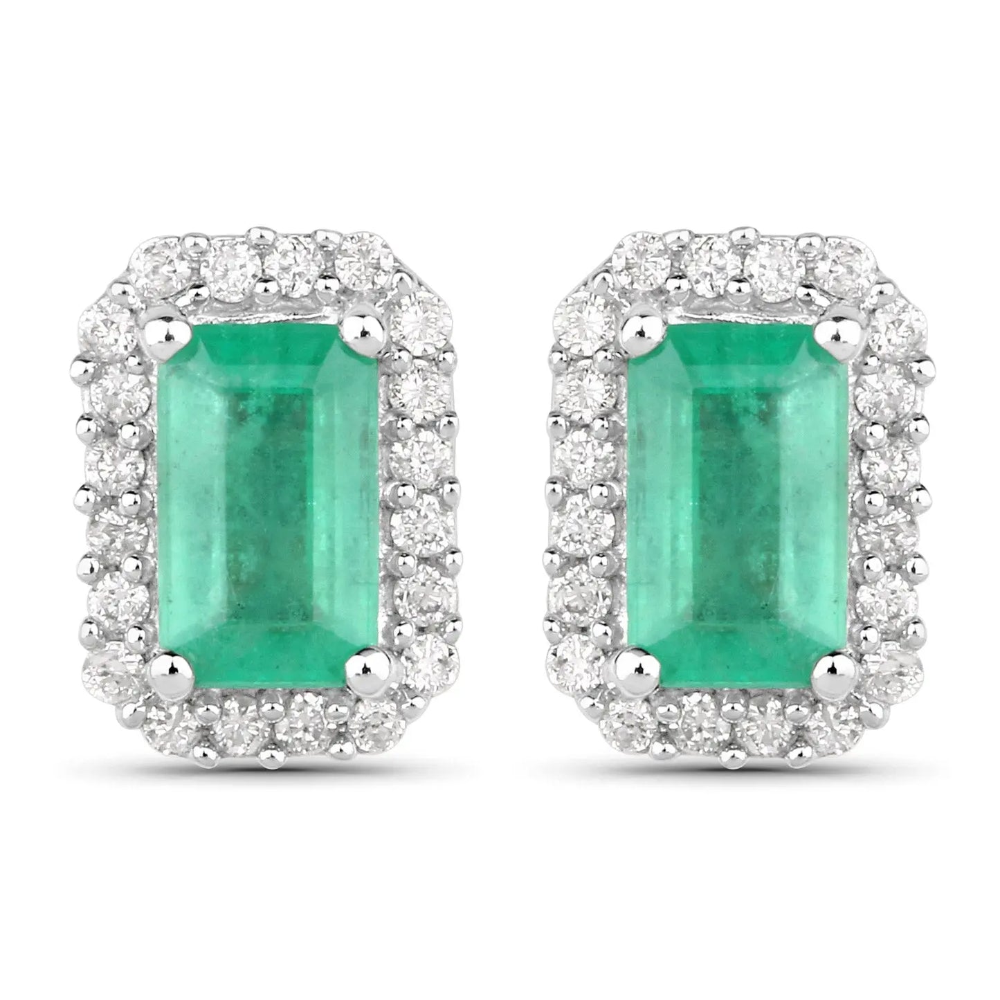 0.91 Carat Genuine Zambian Emerald and White Diamond 14K White Gold Earrings - GOLDISSEYA