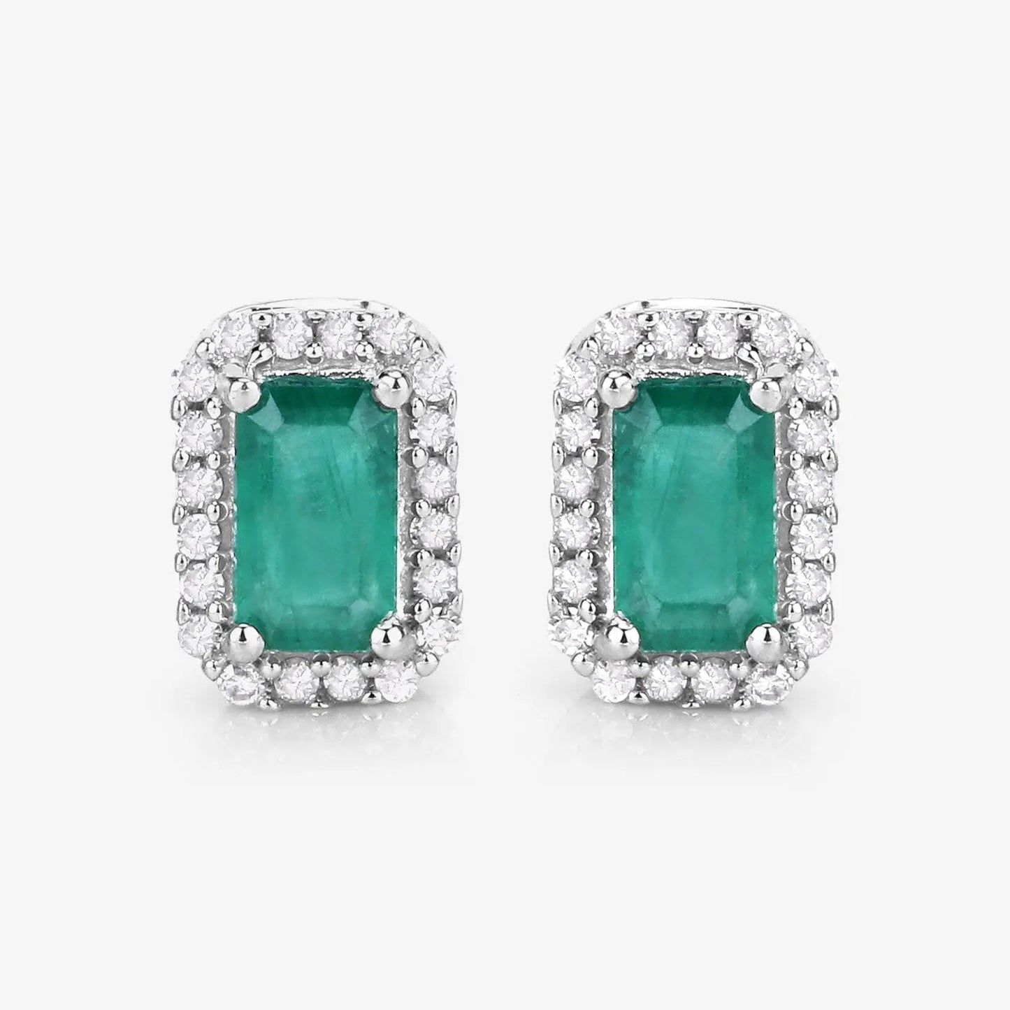 0.91 Carat Genuine Zambian Emerald and White Diamond 14K White Gold Earrings - GOLDISSEYA