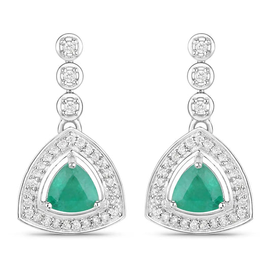 1.39 Carat Genuine Zambian Emerald and White Diamond 14K White Gold Earrings - GOLDISSEYA