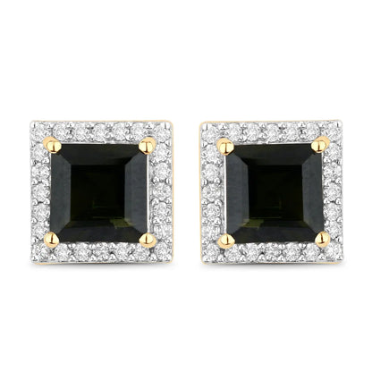 1.55 Carat Genuine Green Tourmaline and White Diamond 14K Yellow Gold Earrings - GOLDISSEYA