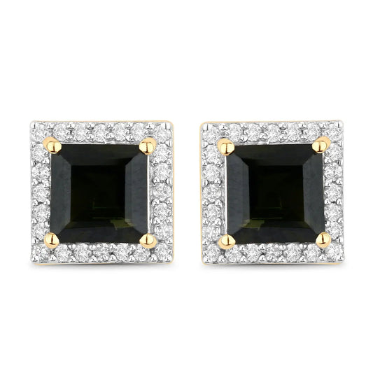 1.55 Carat Genuine Green Tourmaline and White Diamond 14K Yellow Gold Earrings - GOLDISSEYA