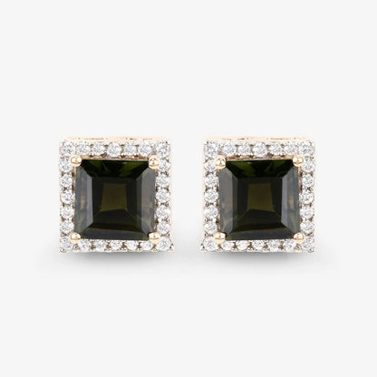 1.55 Carat Genuine Green Tourmaline and White Diamond 14K Yellow Gold Earrings - GOLDISSEYA