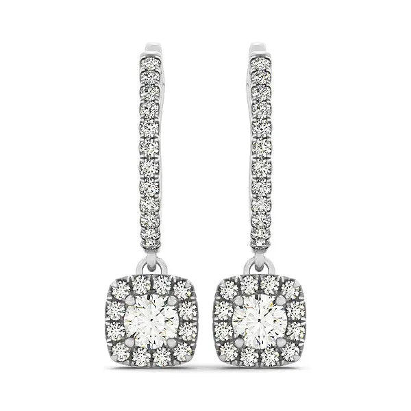 Cushion Shape Halo Style Diamond Drop Earrings in 14k White Gold (1/2 cttw) 