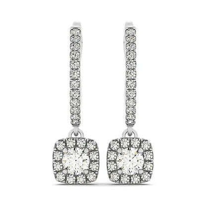 Cushion Shape Halo Style Diamond Drop Earrings in 14k White Gold (1/2 cttw) 