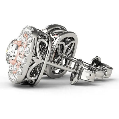 14k White and Rose Gold Cushion Shape Halo Diamond Earrings (3/4 cttw) 