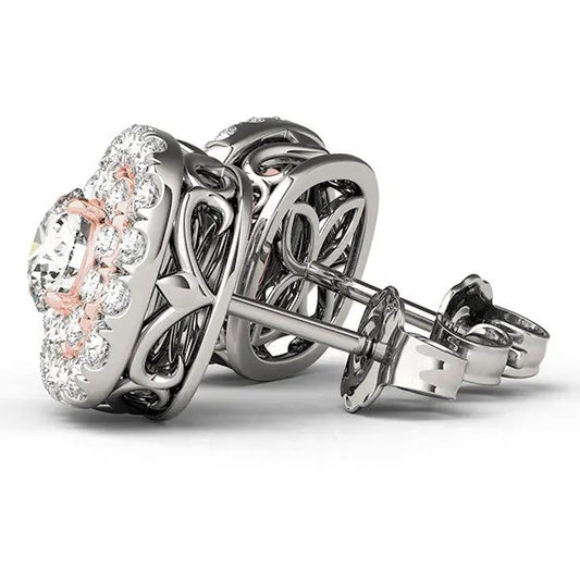 14k White and Rose Gold Cushion Shape Halo Diamond Earrings (3/4 cttw) 