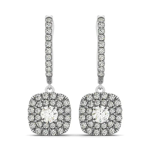 14k White Gold Double Halo Cushion Outer Shaped Diamond  Earrings (3/4 cttw) 