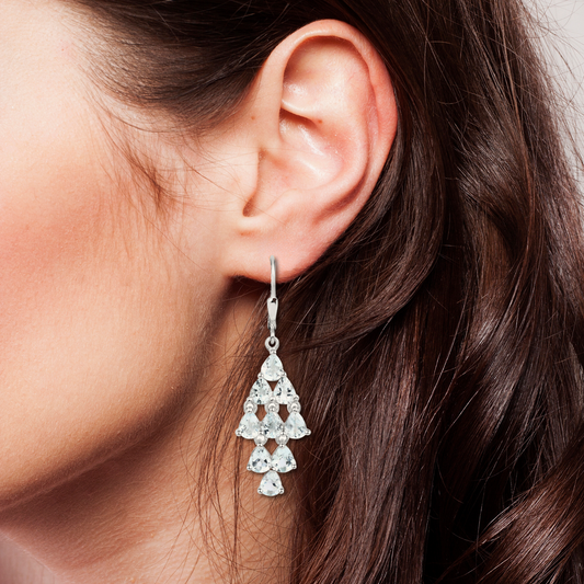 18 Aquamarine Stones Dangle Earrings in Rhodium Plated .925 Sterling Silver 