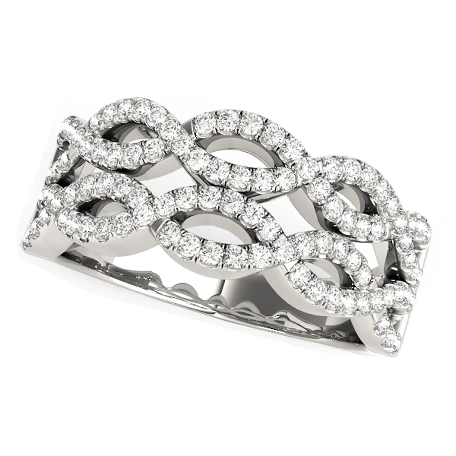Diamond Studded Double Interlocking Waves Ring in 14k White Gold  (5/8 cttw) 