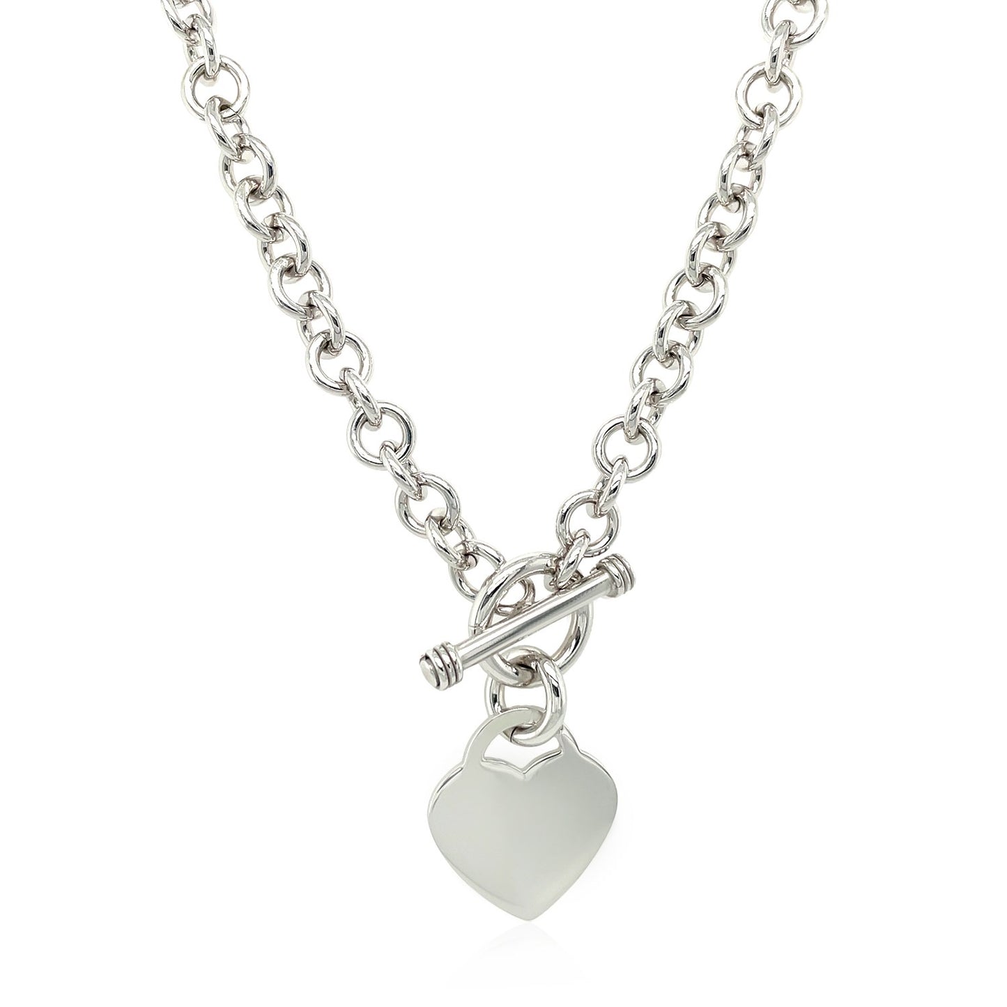 Sterling Silver Rhodium Plated Rolo Chain Necklace with a Heart Toggle Charm 