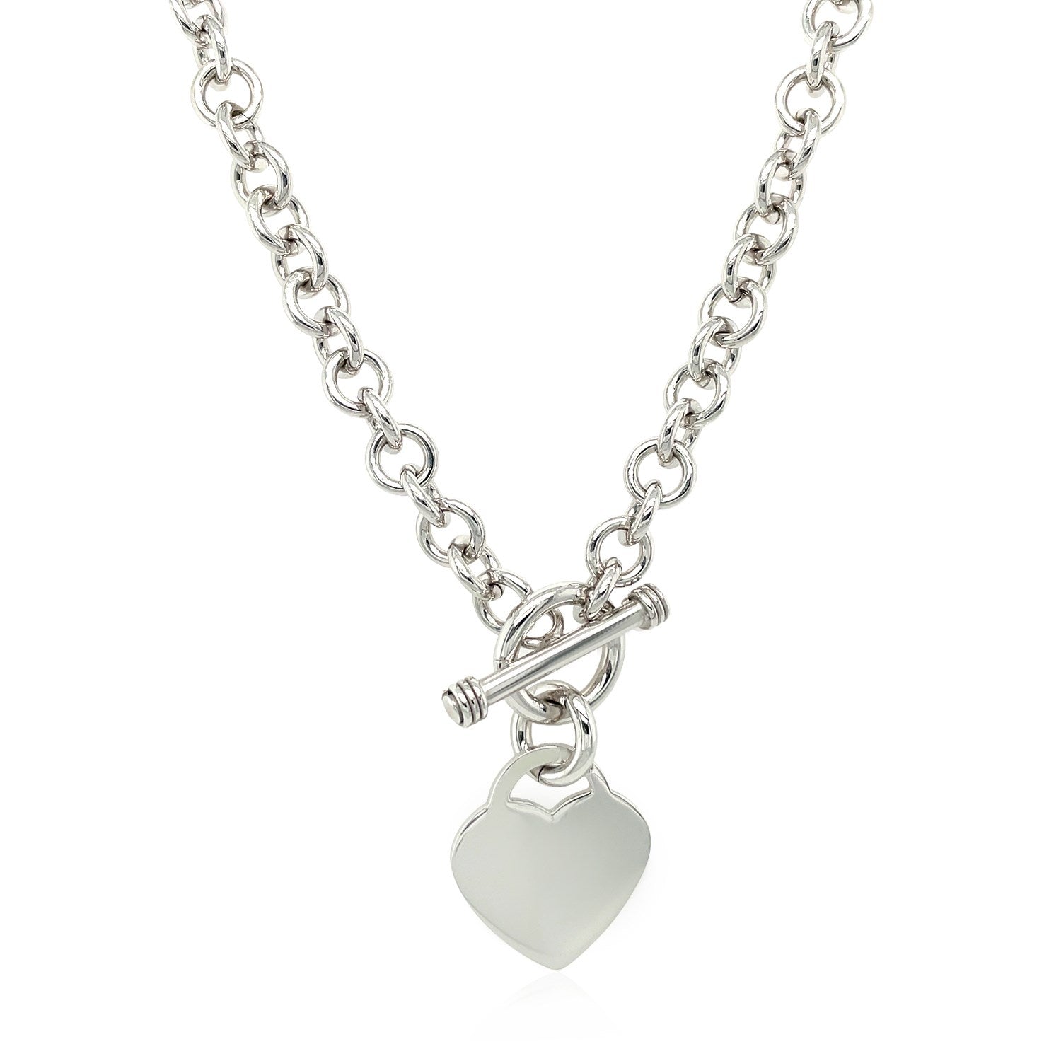 Sterling Silver Rhodium Plated Rolo Chain Necklace with a Heart Toggle Charm 
