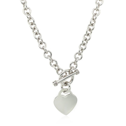 Sterling Silver Rhodium Plated Rolo Chain Necklace with a Heart Toggle Charm 