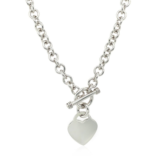 Sterling Silver Rhodium Plated Rolo Chain Necklace with a Heart Toggle Charm 