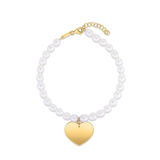 14k Yellow Gold Pearl Heart Charm Bracelet 