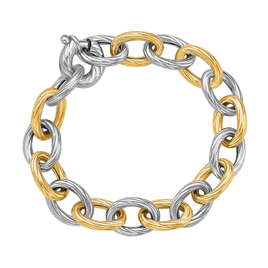 18k Yellow Gold and Sterling Silver Rhodium Plated Diamond Cut Chain Bracelet 