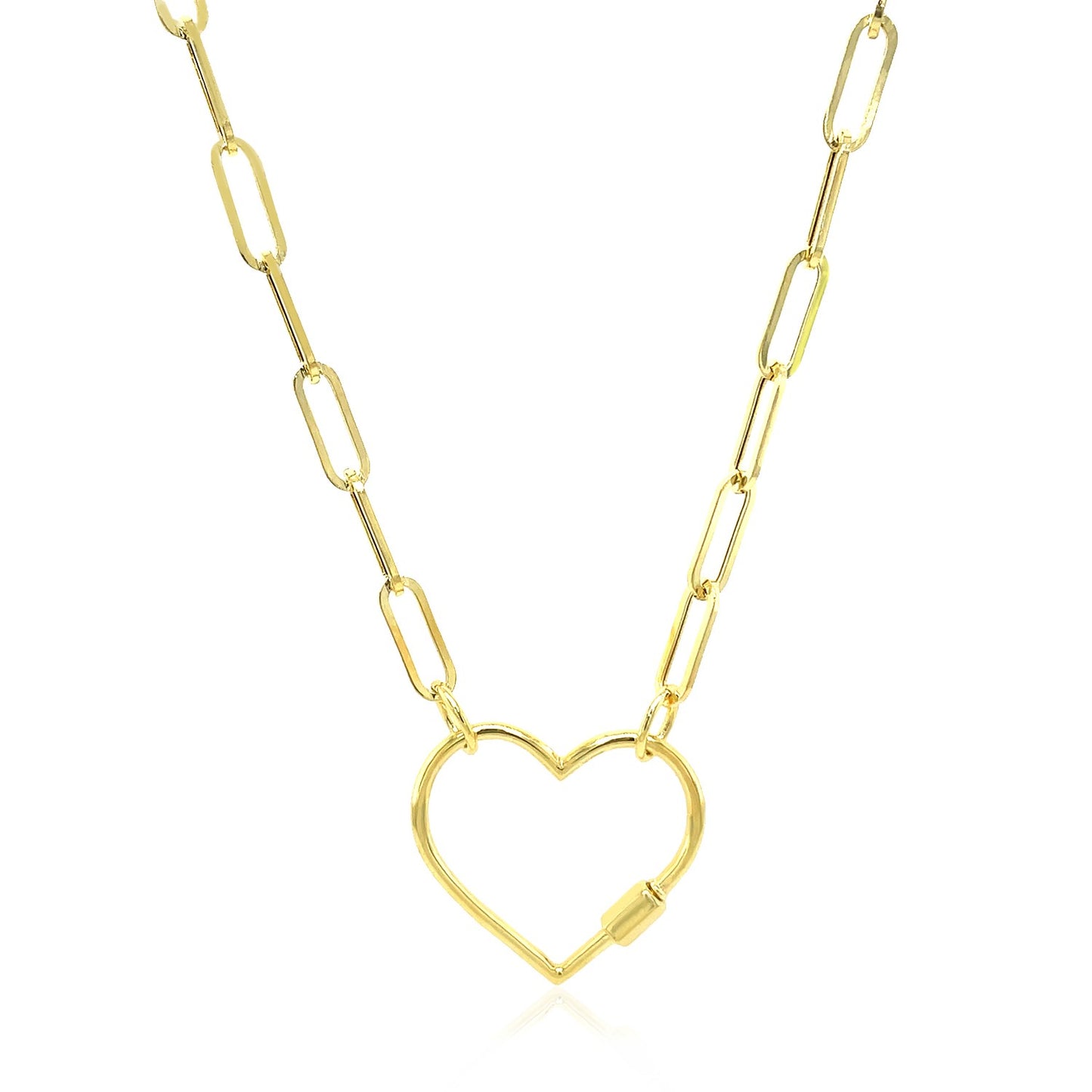 14k Yellow Gold Paperclip Chain Necklace with Heart Carabiner Clasp 