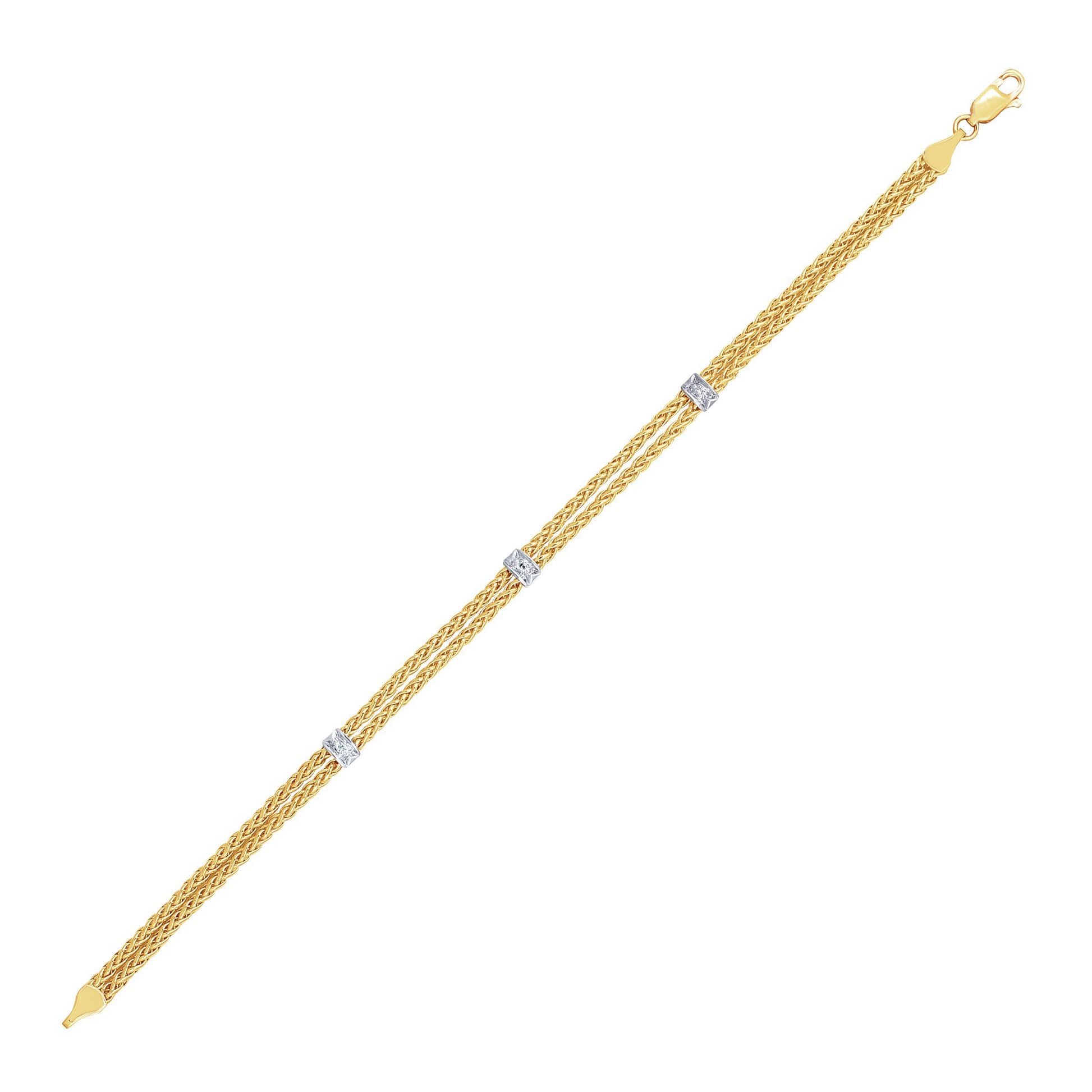 14k Two-Tone Gold Dual Wheat Chain Bracelet with Diamond Stations (.02 cttw) 
