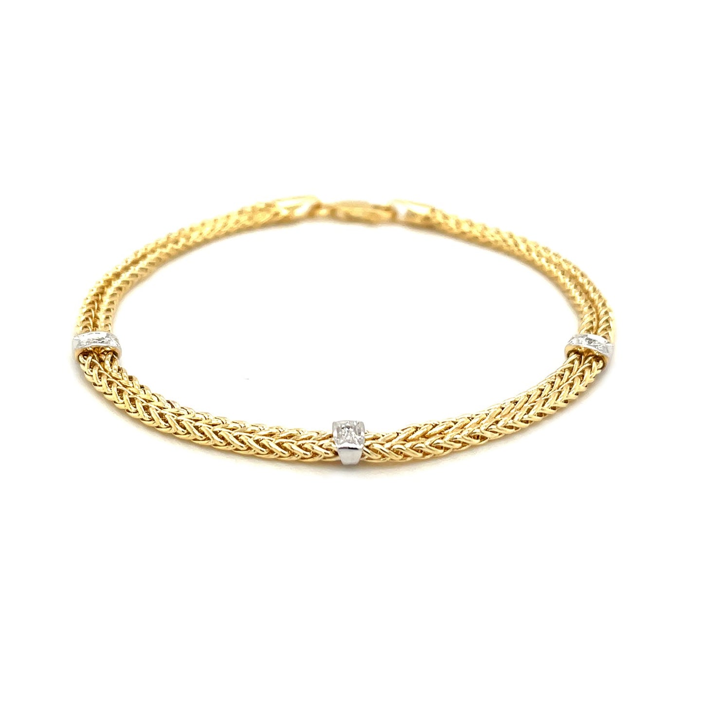 14k Two-Tone Gold Dual Wheat Chain Bracelet with Diamond Stations (.02 cttw) 