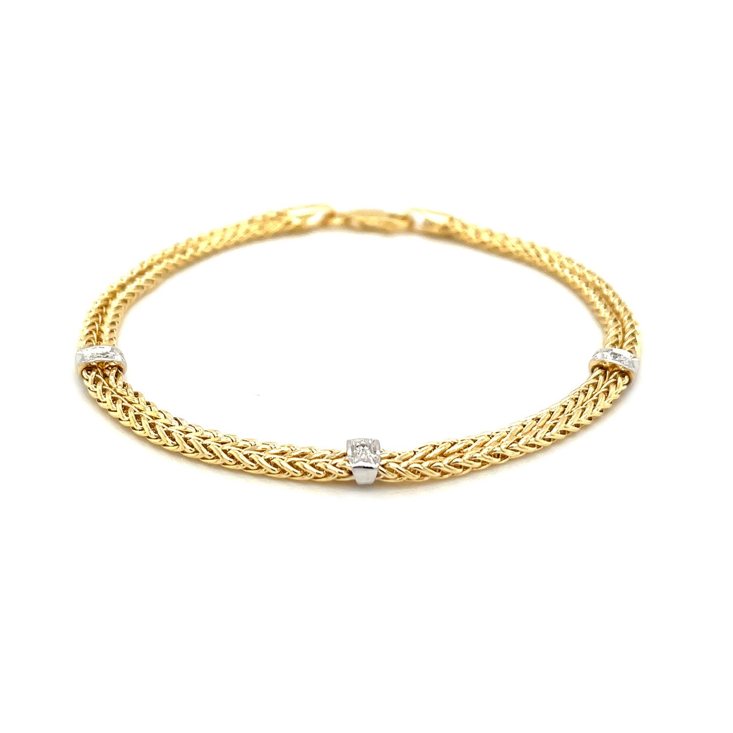 14k Two-Tone Gold Dual Wheat Chain Bracelet with Diamond Stations (.02 cttw) 
