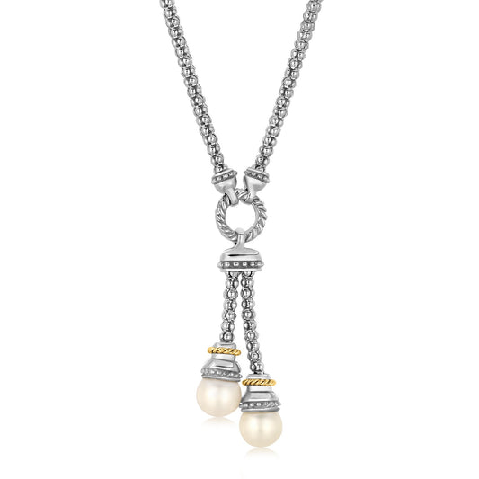 18k Yellow Gold and Sterling Silver Popcorn Style Necklace with Pearl Accents 